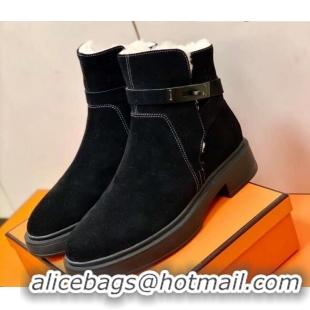 Good Quality Hermes Suede Kelly Ankle Boot With Wool 1207060 Black