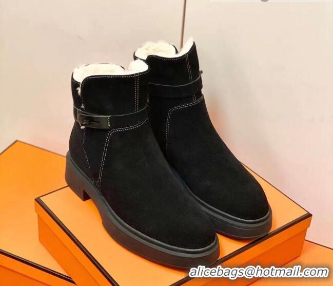 Good Quality Hermes Suede Kelly Ankle Boot With Wool 1207060 Black