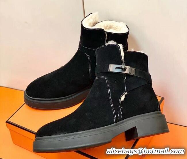 Good Quality Hermes Suede Kelly Ankle Boot With Wool 1207060 Black