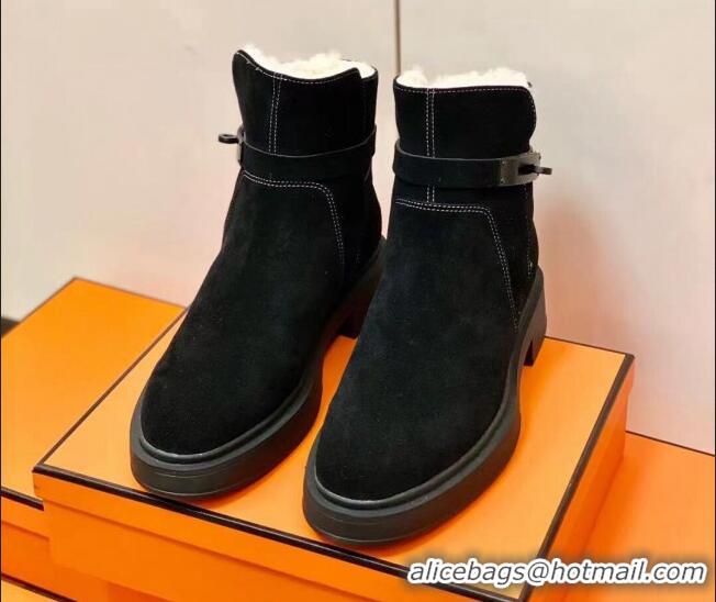 Good Quality Hermes Suede Kelly Ankle Boot With Wool 1207060 Black