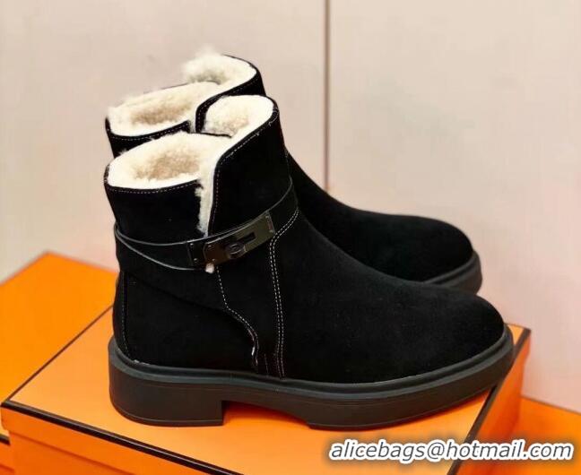 Good Quality Hermes Suede Kelly Ankle Boot With Wool 1207060 Black