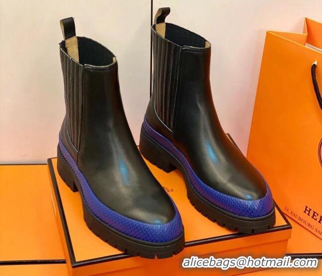 New Style Hermes Calfskin Ankle Boot 207069 Black/Blue 