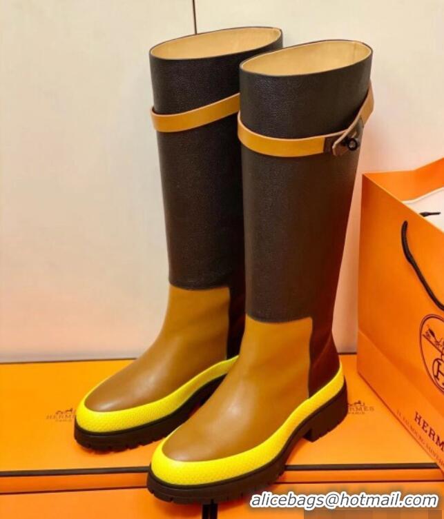 Good Quality Hermes Calfskin Kelly High Boot 1207070 Black/Brown/Yellow