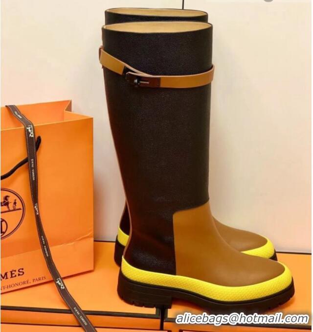 Good Quality Hermes Calfskin Kelly High Boot 1207070 Black/Brown/Yellow