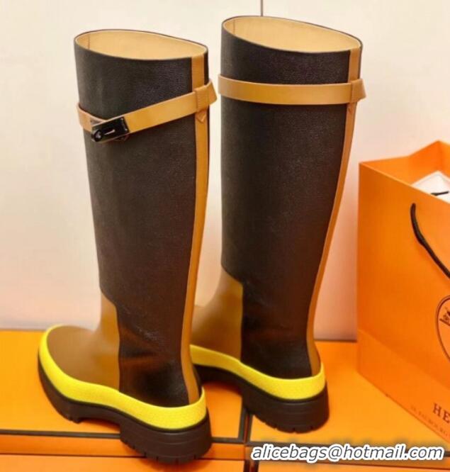 Good Quality Hermes Calfskin Kelly High Boot 1207070 Black/Brown/Yellow