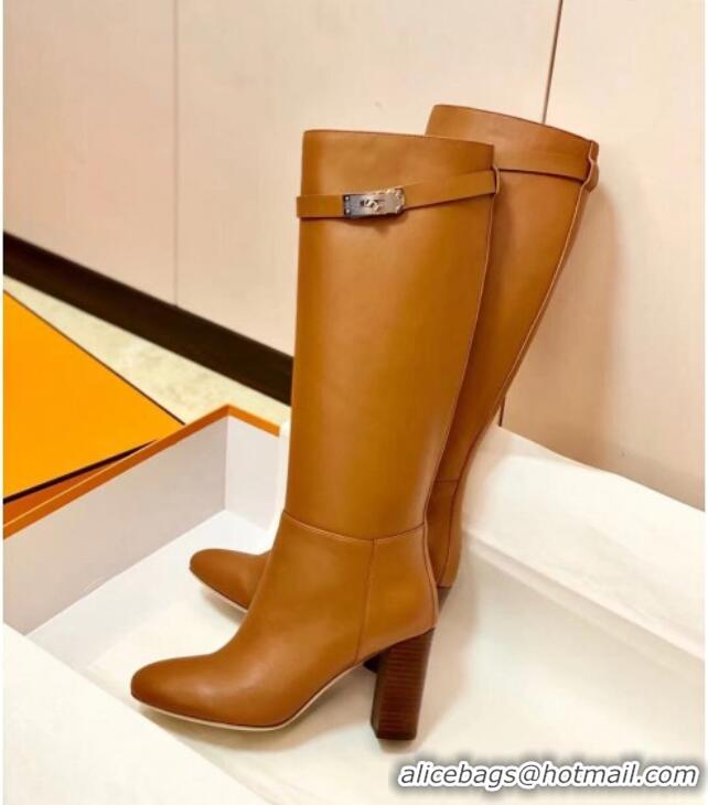 Discount Hermes Brown Calfskin High Boot With Heel 207080