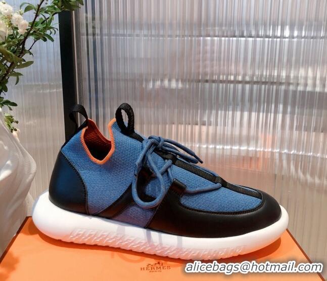 Top Quality Hermes Duel Knit and Calfskin Sneakers 121601 Denim Blue/Black