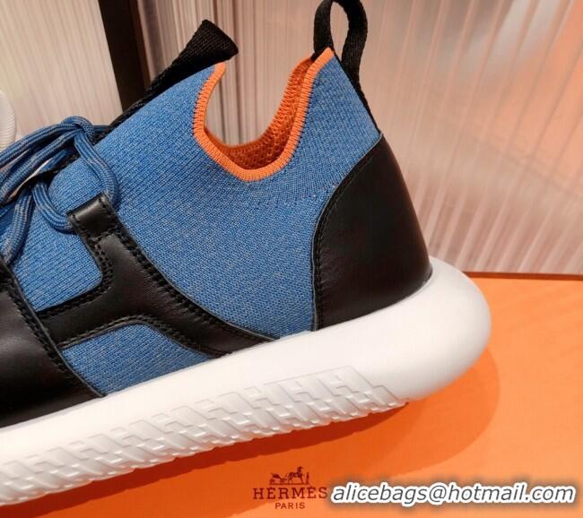 Top Quality Hermes Duel Knit and Calfskin Sneakers 121601 Denim Blue/Black