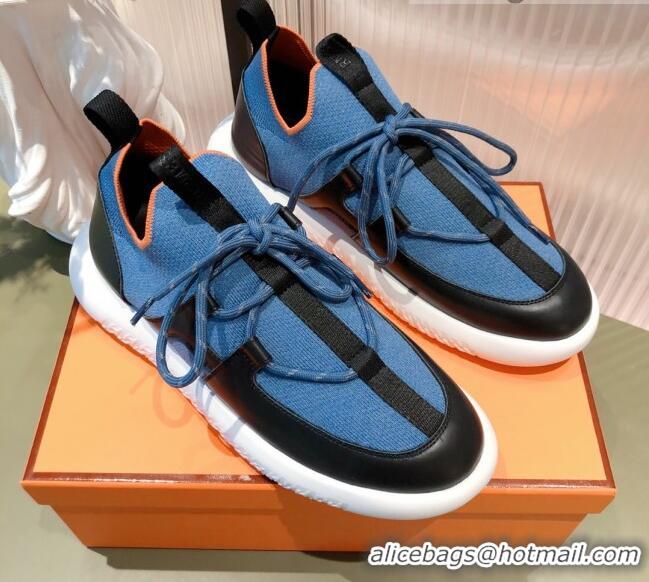 Top Quality Hermes Duel Knit and Calfskin Sneakers 121601 Denim Blue/Black