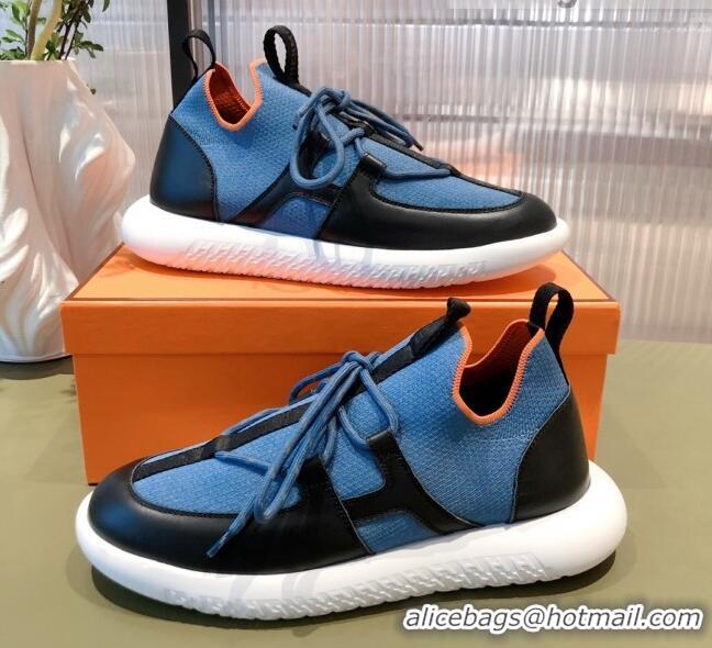 Top Quality Hermes Duel Knit and Calfskin Sneakers 121601 Denim Blue/Black