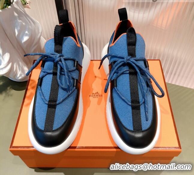 Top Quality Hermes Duel Knit and Calfskin Sneakers 121601 Denim Blue/Black