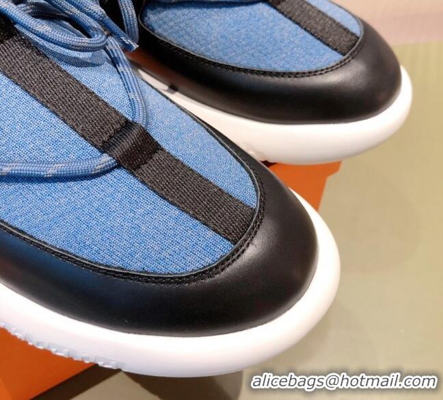 Top Quality Hermes Duel Knit and Calfskin Sneakers 121601 Denim Blue/Black