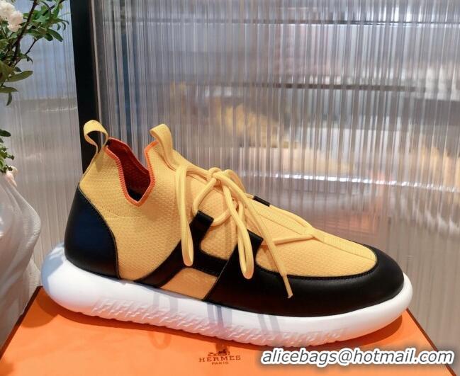 Modern Hermes Duel Knit and Calfskin Sneakers 121601 Yellow/Black