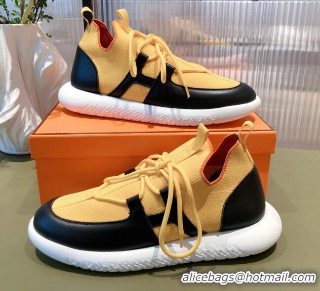 Modern Hermes Duel Knit and Calfskin Sneakers 121601 Yellow/Black