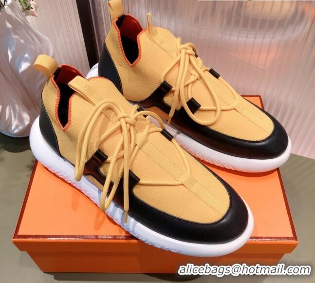 Modern Hermes Duel Knit and Calfskin Sneakers 121601 Yellow/Black