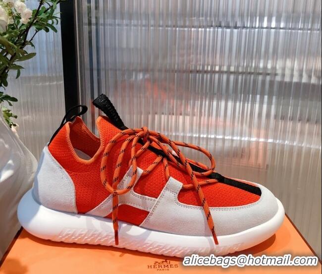 Popular Hermes Duel Knit and Calfskin Sneakers 121605 Orange/White