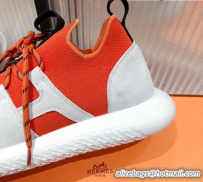 Popular Hermes Duel Knit and Calfskin Sneakers 121605 Orange/White