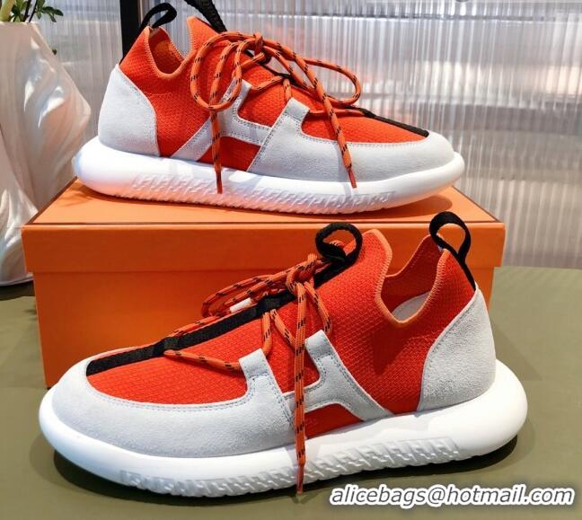 Popular Hermes Duel Knit and Calfskin Sneakers 121605 Orange/White