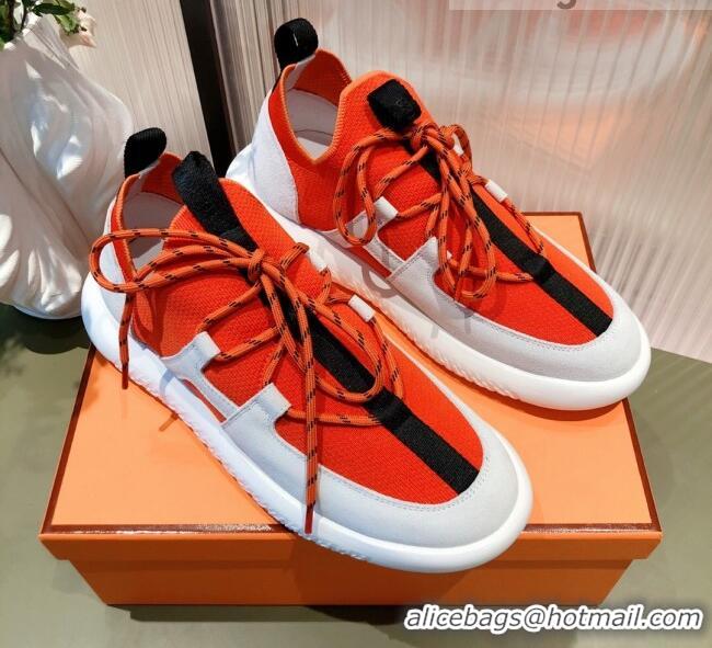 Popular Hermes Duel Knit and Calfskin Sneakers 121605 Orange/White