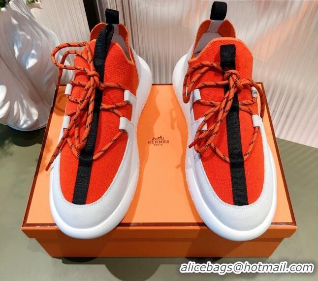 Popular Hermes Duel Knit and Calfskin Sneakers 121605 Orange/White