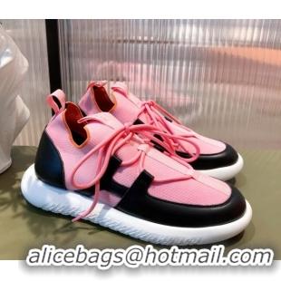 Best Luxury Hermes Duel Knit and Calfskin Sneakers 121605 Pink/Black