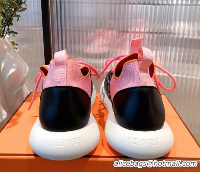 Best Luxury Hermes Duel Knit and Calfskin Sneakers 121605 Pink/Black