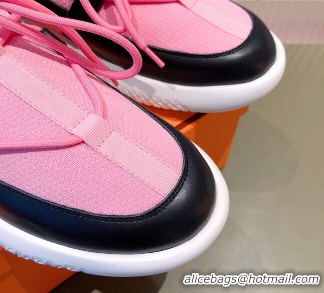 Best Luxury Hermes Duel Knit and Calfskin Sneakers 121605 Pink/Black