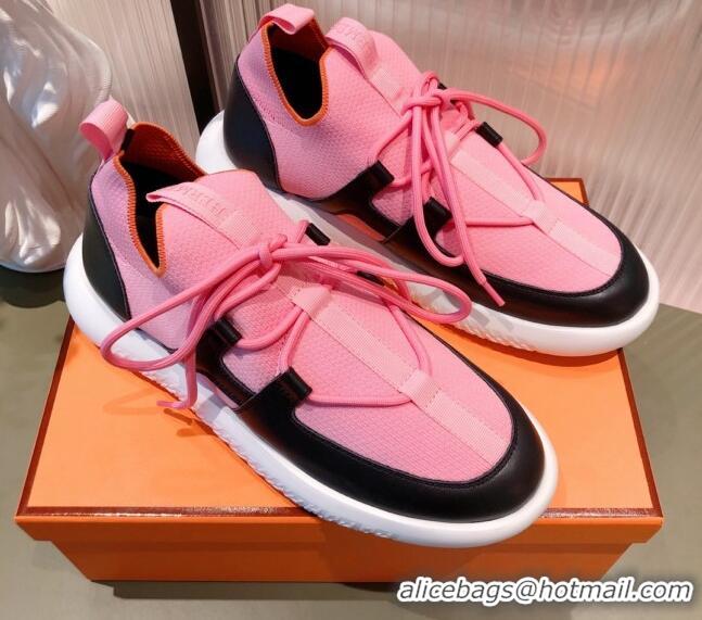 Best Luxury Hermes Duel Knit and Calfskin Sneakers 121605 Pink/Black