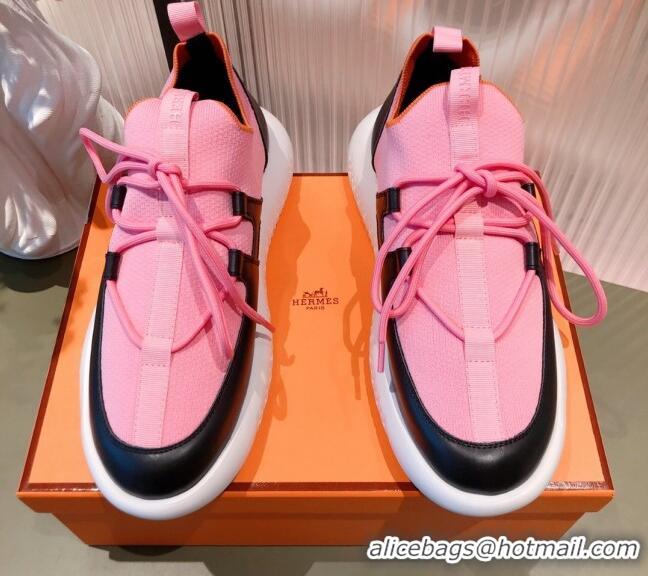 Best Luxury Hermes Duel Knit and Calfskin Sneakers 121605 Pink/Black