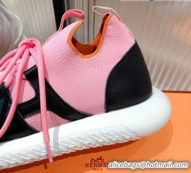 Best Luxury Hermes Duel Knit and Calfskin Sneakers 121605 Pink/Black