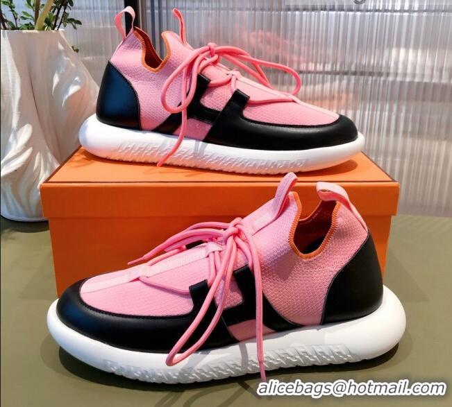 Best Luxury Hermes Duel Knit and Calfskin Sneakers 121605 Pink/Black