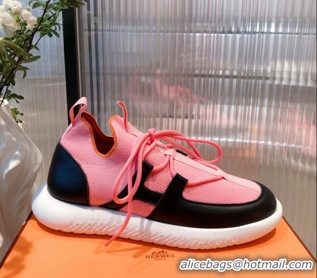 Best Luxury Hermes Duel Knit and Calfskin Sneakers 121605 Pink/Black