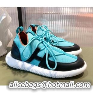 Best Design Hermes Duel Knit and Calfskin Sneakers 121605 Sky Blue/Black