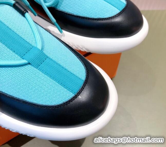 Best Design Hermes Duel Knit and Calfskin Sneakers 121605 Sky Blue/Black