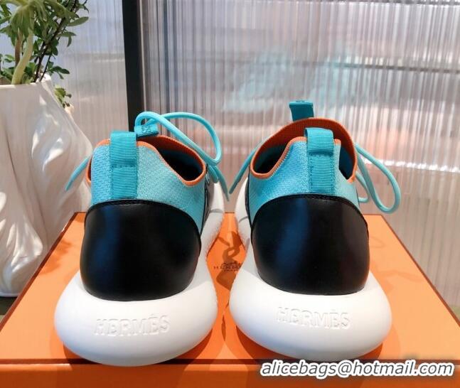 Best Design Hermes Duel Knit and Calfskin Sneakers 121605 Sky Blue/Black