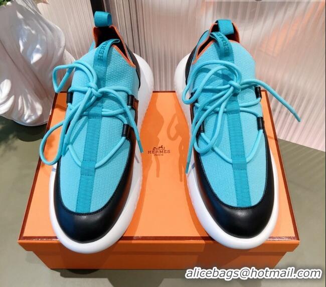 Best Design Hermes Duel Knit and Calfskin Sneakers 121605 Sky Blue/Black