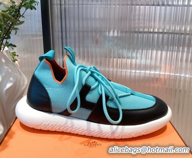 Best Design Hermes Duel Knit and Calfskin Sneakers 121605 Sky Blue/Black