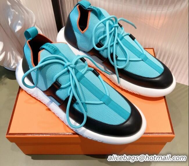 Best Design Hermes Duel Knit and Calfskin Sneakers 121605 Sky Blue/Black