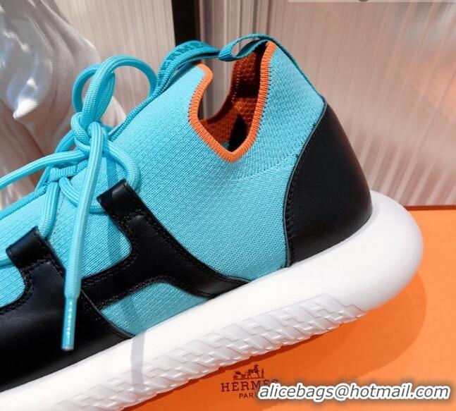 Best Design Hermes Duel Knit and Calfskin Sneakers 121605 Sky Blue/Black