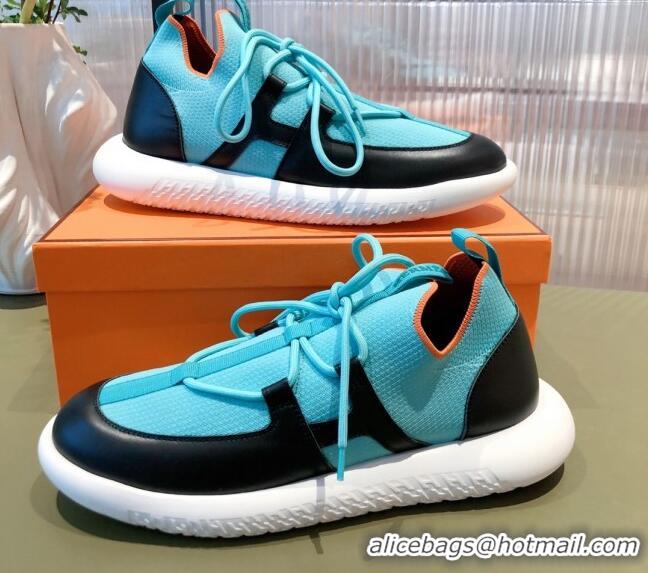 Best Design Hermes Duel Knit and Calfskin Sneakers 121605 Sky Blue/Black