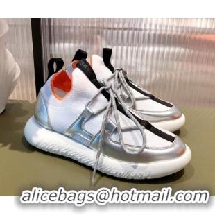 Fashion Hermes Duel Knit and Calfskin Sneakers 121605 White/Silver 