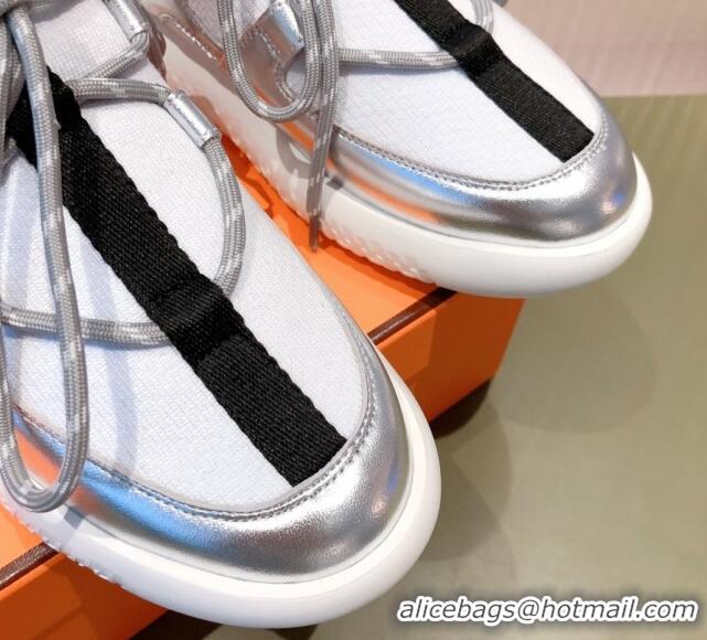 Fashion Hermes Duel Knit and Calfskin Sneakers 121605 White/Silver 