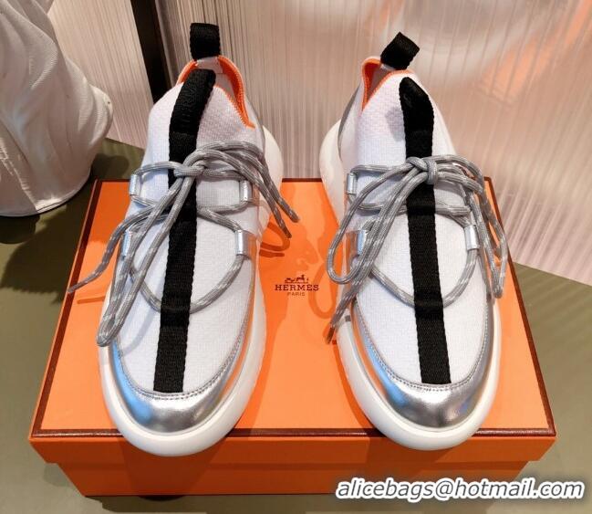 Fashion Hermes Duel Knit and Calfskin Sneakers 121605 White/Silver 