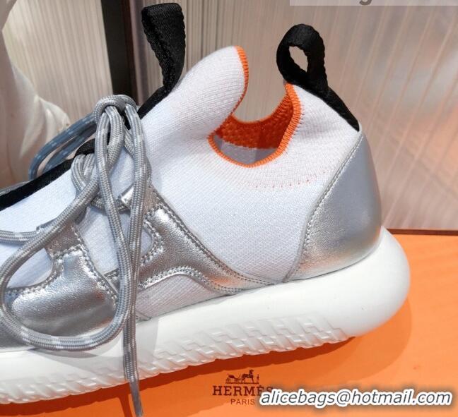 Fashion Hermes Duel Knit and Calfskin Sneakers 121605 White/Silver 