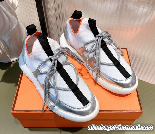 Fashion Hermes Duel Knit and Calfskin Sneakers 121605 White/Silver 