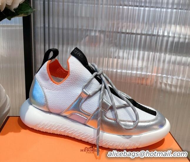 Fashion Hermes Duel Knit and Calfskin Sneakers 121605 White/Silver 