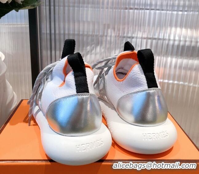 Fashion Hermes Duel Knit and Calfskin Sneakers 121605 White/Silver 