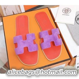 Good Product Hermes Oran Suede Flat Slide Sandals 121615 Purple/Orange