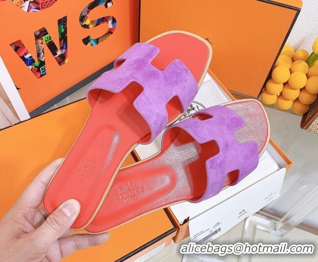 Good Product Hermes Oran Suede Flat Slide Sandals 121615 Purple/Orange