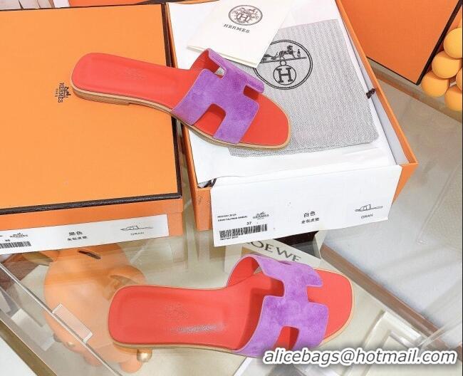 Good Product Hermes Oran Suede Flat Slide Sandals 121615 Purple/Orange